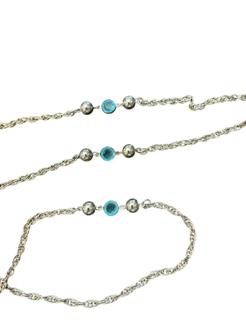Silver Tone Long Necklace Round‎ Turquoise Crystals 25” Continuous Long Chain